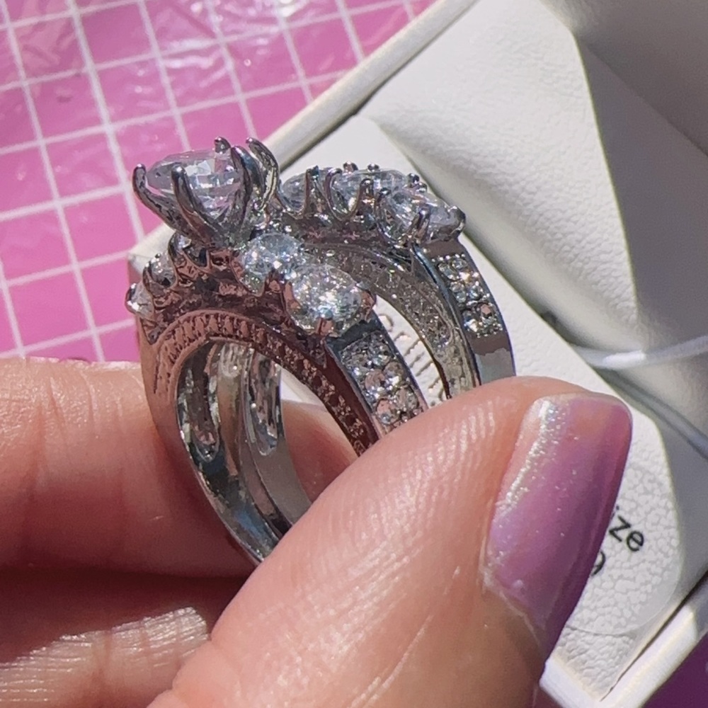 Moricci sterling silver 2pc ring set diamonds paved size 6
